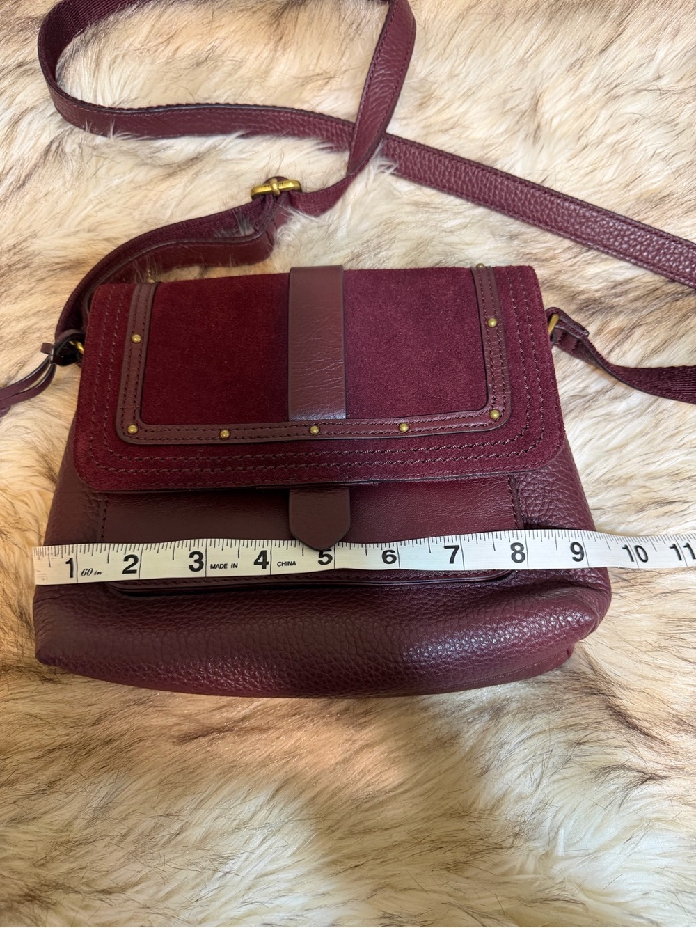 Fossil Burgundy Leather and Suede Crossbody with Key Charm - Picture 8 of 9